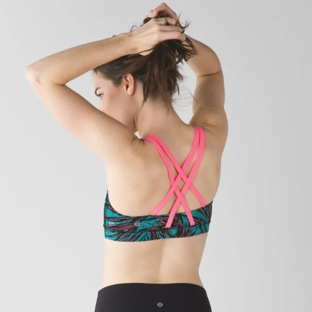 Lululemon Energy Bra Mini Palm Lace Tofino Teal Multi / Flash Light Size 4 *FLAW